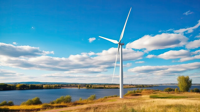 Powerful wind turbine farm for pure energy production on Beautiful clear blue sky with white clouds background.