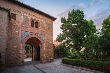 Fototapeta na wymiar Wine Gate (Puerta del Vino) at Alhambra at sunset - Granada, Andalusia, Spain