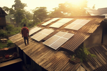 Solar installation on the roof of a village house
