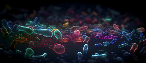 macro view of bacteria, microbial world, bacteria diversity, microscopic organisms, microbiology, bacterial cells, microbial structures, microscopic view, Colorful view of bacteria, Generative AI - obrazy, fototapety, plakaty