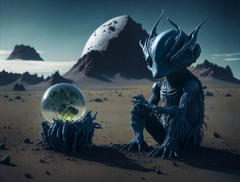An alien sits in a vast desert, his hand cradling a miniature Earth planet.