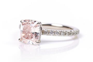 light pink cushion cut diamond white background ,ring with diamonds,diamond engagement ring