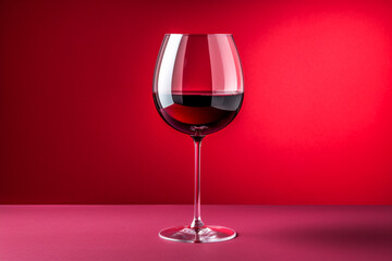 Glass of red wine on a red background. By Generative AI.