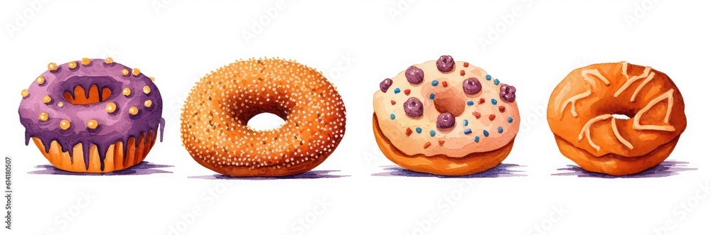 Poster different yummy pastry desserts set. donuts set with colorful sprinkles isolated on white background