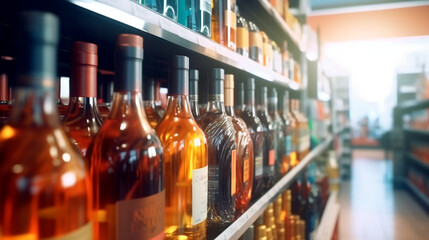 Abstract blur wine bottles on liquor alcohol shelves in supermarket store background. Generative AI
