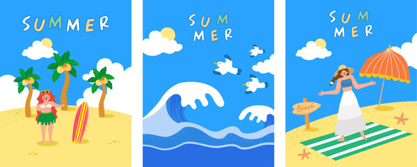 Summer background, Three set of vector illustrations on the beach hand drawings for a poster, banner and card