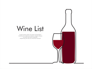 Wine list. Continuous line one drawing of wine bottle with wineglass. Illustration with quote template. Can used for logo, emblem, slide show and banner.
