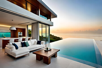 Fototapeta na wymiar modern living room with pool. resort holiday for spending