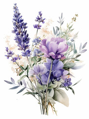 Naklejka premium Watercolour Collection { No1 } Handmade Lavender Products Made on Lavender Eco French Farm: Soap, Oil, Candle, Biscuits, Macaroon, Cupcake, IceCream, Circle Wreath & Abstract Purple Lilac Background.