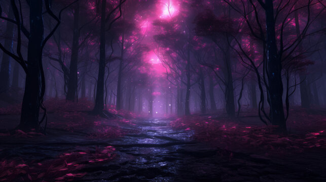 Gloomy fantasy forest scene at night purple glowing lights