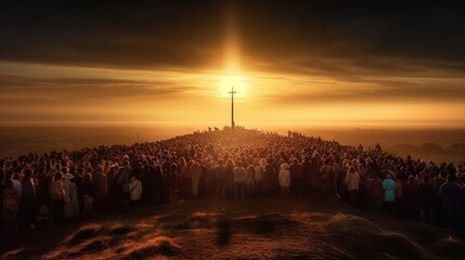 multitude of people  looking towards a cross on the horizon - obrazy, fototapety, plakaty