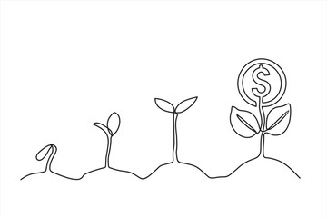 One Continuous line drawing of Money plant growth process. Financial growth concept vector illustration