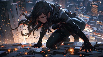Obraz premium Action scene, breathtaking beautiful woman ninja leaps across building rooftop, bright light city skyscrapers background. japanese anime style. generative AI