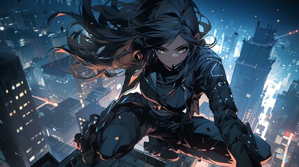 Action scene, breathtaking beautiful woman ninja leaps across building rooftop, bright light city skyscrapers background. japanese anime style. generative AI
