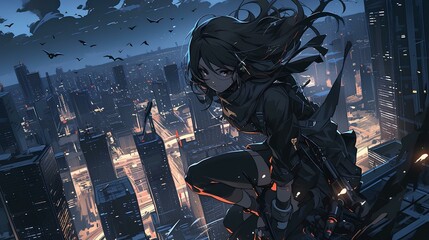 Fototapeta premium Action scene, breathtaking beautiful woman ninja leaps across building rooftop, bright light city skyscrapers background. japanese anime style. generative AI