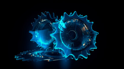 Abstract 3D gears on dark background. Concept of gear mechanics and cog mechanics. Digital polygonal mesh with points, lines and shapes. mechanical engineering wireframe. Generative AI