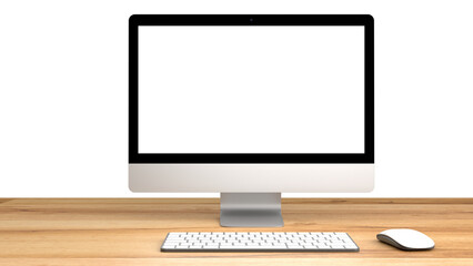 Monitor Computer with Keyboard and Mouse - mockup isolated with transparent screen and background on wood table png	
