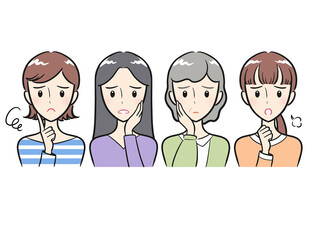 悩んだり困ったりしている女性たち（カラフル）