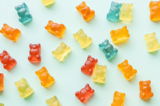 Top view of colorful gummy bears on a flat light blue background. Creative wallpaper for a candy store with marmalade gummy bears candy. Generative AI professional photo imitation.