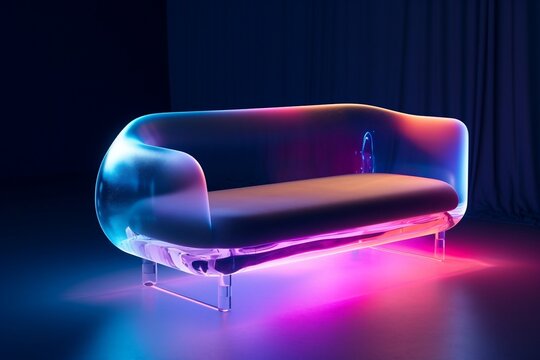 Futuristic Concept of Inflatable Glass Sofa with Neon Bright Vivid Color Lights Generative AI