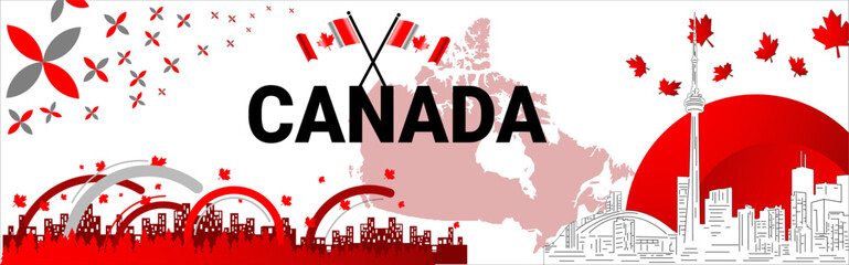 Canada day banner for independence day of Canada. Retro abstract design with Canadian flag. Vector Illustration. Red White theme with Maple leaf. Toronto skyline. Vector Illustration.