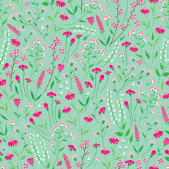 Vector illustration. Pink wild flowers on pastel green background seamless repeat pattern. Best for packaging, kids clothing and decor, shower curtain and home furnishing.