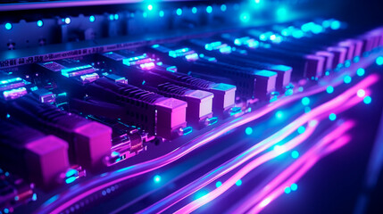 Obraz premium Big database servers connection with Fiber optic cable internet. Generative AI
