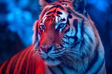 portrait of a tiger, red and blue colors, AI