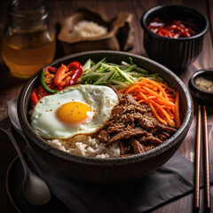 Bibimpab coreano, fotografia oscura de comida. ilustracion de ia generativa