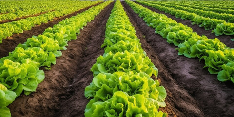 Image of long rows of green beds with growing cabbage or lettuce in a large farmer's field. Generative AI - obrazy, fototapety, plakaty