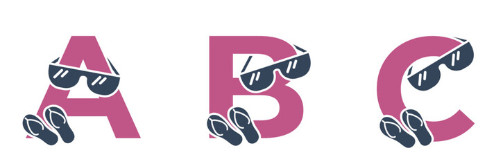 abc capital letters with sunglasses and flip flops. summer vacation alphabet design. isolated vector images