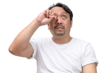 Middle aged man with itchy eye and hand scratching skin isolated on white