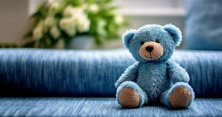 Cute light blue teddy bear with copy space, toy for children,baby space for text