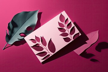 Fototapeta premium Business card with floral design and leaves on pink background