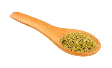 Dried oregano in wood spoon on transparent png