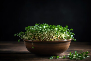 Fresh pea microgreen sprouts on a black wooden table.