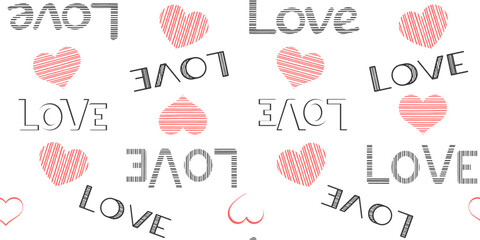 Red striped hearts and black inscriptions love on a white background. Valentine's day and wedding endless texture with words. Love concept. Vector seamless pattern for surface texture, giftwrap, cover