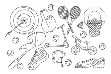 Sport elements set in hand drawn doodle style. Vector illustration isolated on white. Coloring page.