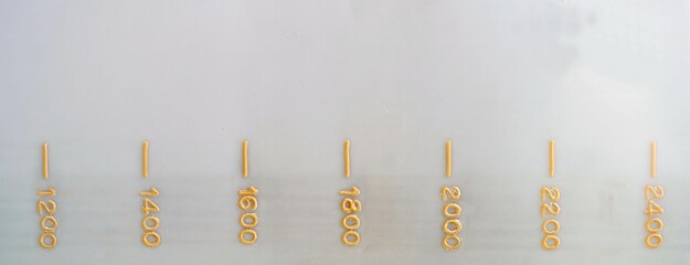 A yellow numbers of scale label  liquid volume for texture and backgrounds.