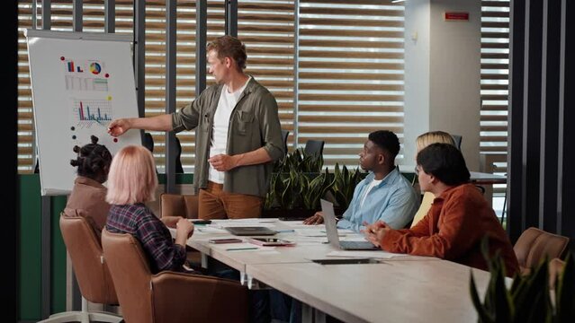 Caucasian adul man, senior sales manager shows to team pinned graphs on flip chart in meeting room