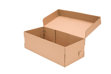 Corrugated cardboard box open and empty on white background, isolated, shoe or gift box, mock up