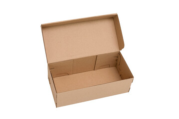 Unprinted corrugated cardboard box open and empty on white background, isolated, shoe or gift box, advertising