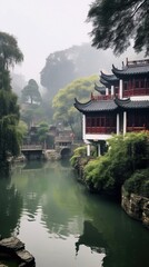 Naklejka premium Chinese Houses near the Tianmu Lake, Chinese Lake. Generative AI.