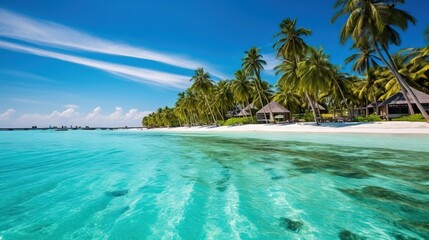 Naklejka premium This Fantastic Commercial Shot capture the Clean Sea of Maldives and an Island in the Background with a lot of vegetation. Generative AI.