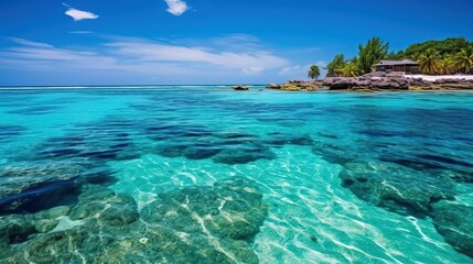 Fototapeta premium This Fantastic Commercial Shot capture the Clean Sea of Maldives and an Island in the Background with a lot of vegetation. Generative AI.