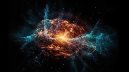 Exploding star in space. Supernova, nebula, galaxy. Astronomy, science in deep space. Glowing background. 