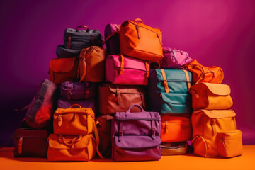 Pile of colorful suitcases, luggage, duffel bags, and backpacks. Abstract travel and vacation. 