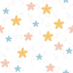 Cute starfishes with bubbles hand drawn seamless vector pattern. Fun underwater background for kids room decor, nursery art, wrapping paper, textile, fabric, wallpaper, gift, print, packaging, apparel