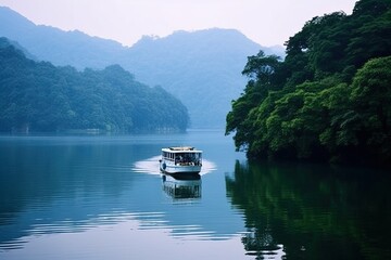 Fototapeta premium Chinese Boat navigating inside the Tianmu Lake, Professional and Commercial Shot. Generative AI.