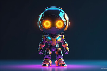 Futuristic cute shiny toy robot. Cartoon android cyborg world. Neon 3d art cartoon character. 